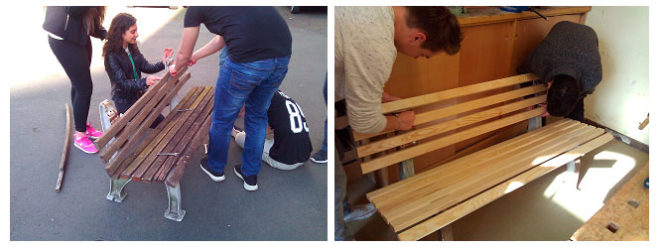 Demontage alter Sitzleisten und Wiederanbringen der restaurierten Sitzleisten von Pausenbänken