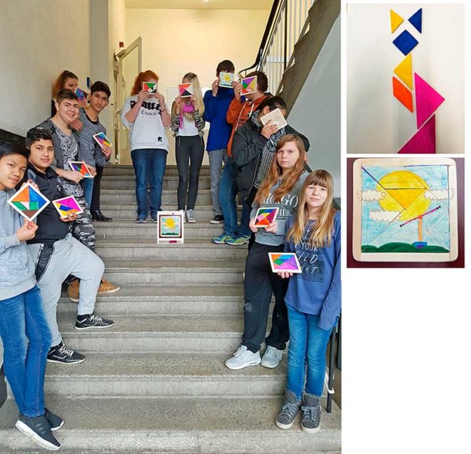 Stolz präsentieren die Förderschüler ihre Tangram-Spiele